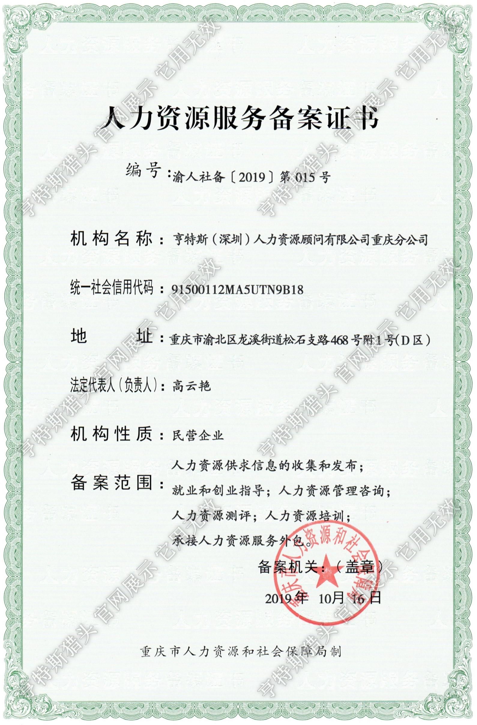 人力资源服务备案证书